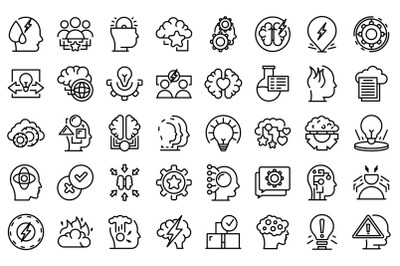 Critical thinking icons set outline vector. Think brain