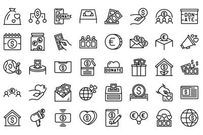 Fundraising icons set outline vector. Contribute donate