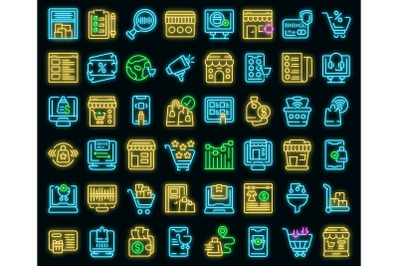 Online store icons set vector neon