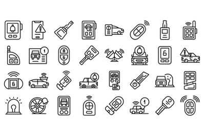 Car alarm system icons set outline vector. Key chain