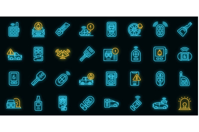 Car alarm system icons set vector neon