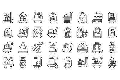 Luggage trolley icons set outline vector. Carriage suitcase