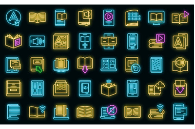 Digital reading icons set vector neon