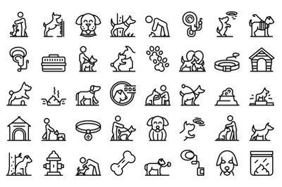 Dog walk icons set outline vector. Pet owner