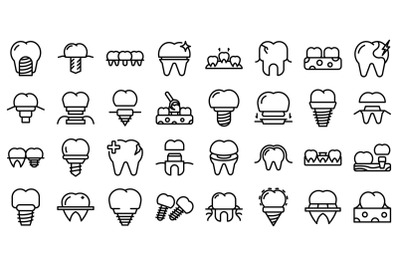 Dental implant icons set outline vector. Surgery jaw