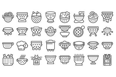 Colander icons set outline vector. Cook strainer