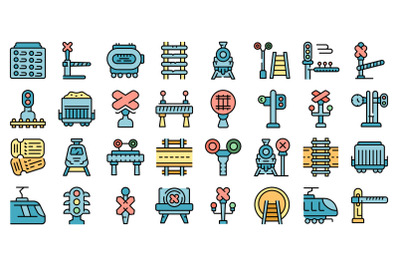 Railway crossing icons set vector flat