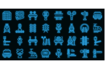 Railway crossing icons set vector neon