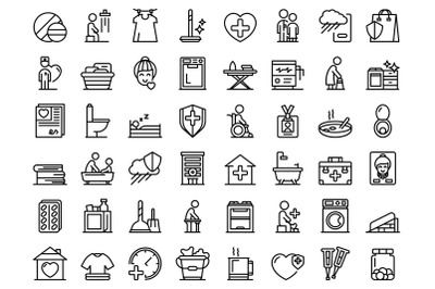 Home care services icons set outline vector. Old senior