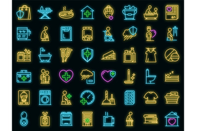 Home care services icons set vector neon