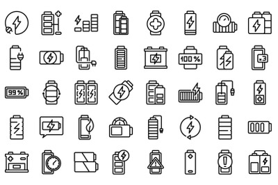 Battery charge icons set outline vector. Electricity charge