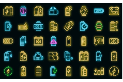 Battery charge icons set vector neon