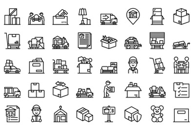 Moving house services icons set outline vector. Storehouse box