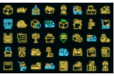 Moving house services icons set vector neon