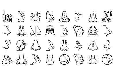 Rhinoplasty icons set outline vector. Human nose