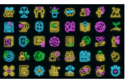 Social responsibility icons set vector neon