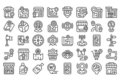 Store locator icons set outline vector. Travel area