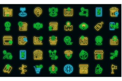 Store locator icons set vector neon