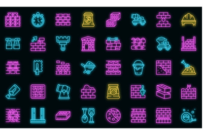 Brick and mortar icons set vector neon