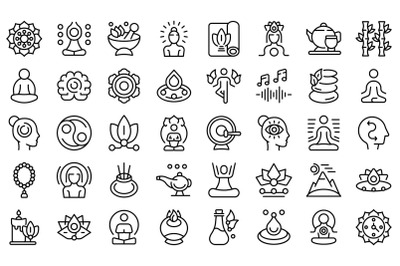 Meditation icons set outline vector. Happy yoga