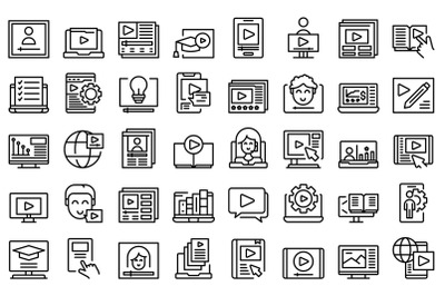 Video tutorial icons set outline vector. Online stream