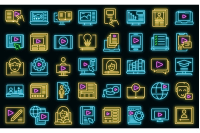 Video tutorial icons set vector neon