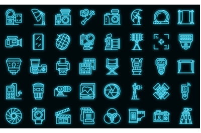 Photo studio icons set vector neon