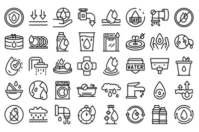 Save water icons set outline vector. Drink drop