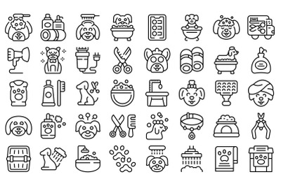 Dogs spa icons set outline vector. Shower grooming