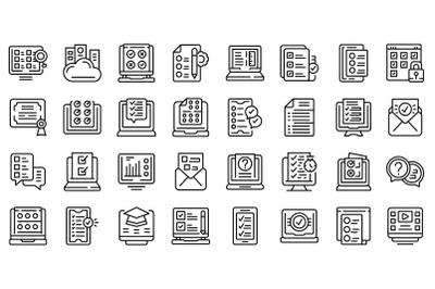 Online exam icons set outline vector. Study class