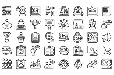 Conference icons set outline vector. Virtual zoom