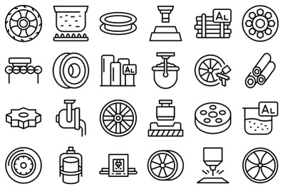 Aluminium wheels icons set outline vector. Car factory