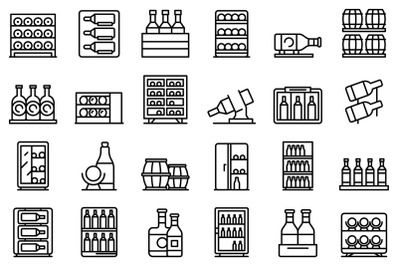 Wine cabinet icons set outline vector. Shelf alcohol