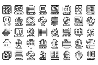 Waffle maker icons set outline vector. Baking pancake