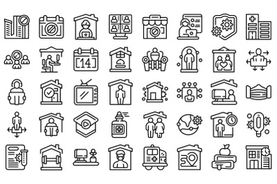 Self isolation icons set outline vector. Home house