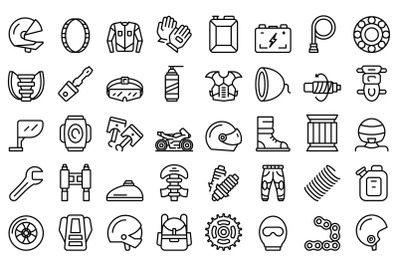 Motorcycle equipment icons set outline vector. Helmet jacket