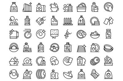 Dishwashing detergents icons set outline vector. Crockery bowl