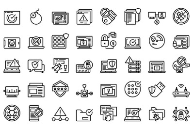 Antivirus icons set outline vector. Malware bug