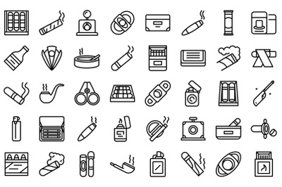 Cigarette and cigar accessories icons set outline vector. Box addiction