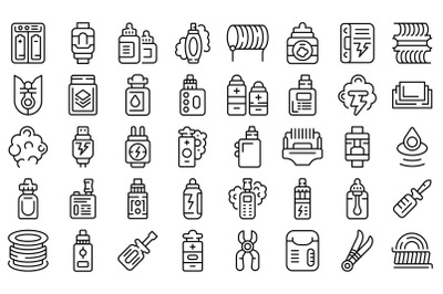 E-cigarette accessories icons set outline vector. Liquid cotton