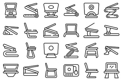 Laptop stand icons set outline vector. Compute work