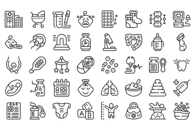 Baby health icons set outline vector. Breast milk