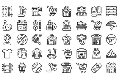 Sports store icons set outline vector. Interior clothing