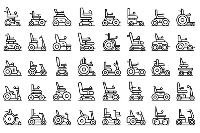 Electric wheelchair icons set outline vector. Adult battery