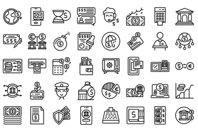 Banking transactions icons set outline vector. Financial bank