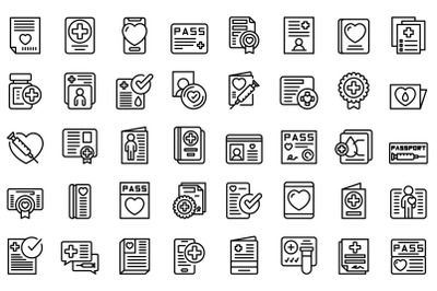 Health passport icons set outline vector. Vaccine syringe