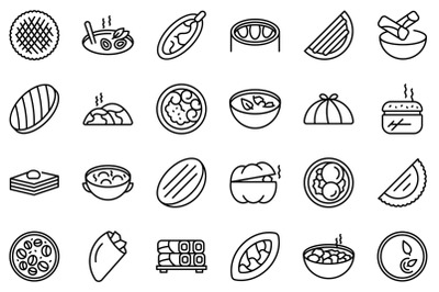 Azerbaijan cuisine icons set outline vector. Baklava culture