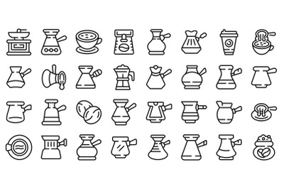 Turkish coffee pot icons set outline vector. Arabic coffee