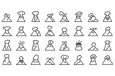 Volcanic eruption icons set outline vector. Adventure climb