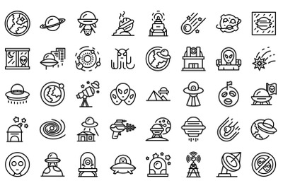 Space aliens icons set outline vector. Rocket spaceship